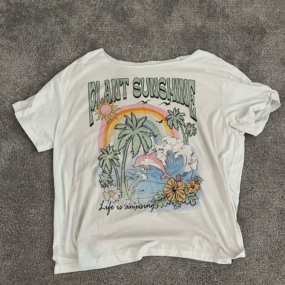 White plant sunshine graphic oversized off the shoulder cut tee shirt beach